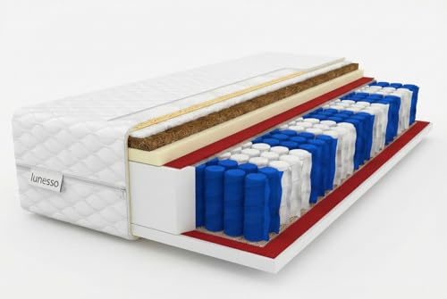 lunesso Matratze 180x200 cm Taschenfederkernmatratze mit Kokos | Höhe 17 cm | H3 & H4 Fest | 2in1 Härtegrade Wendbar | Öko-Tex Zertifiziert | Orthopädische Kokosmatte