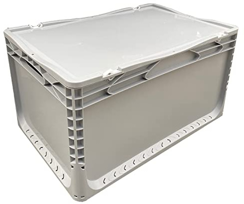 Solent Plastics 66 Litre Hinged Lid Euro Storage Box, Heavy Duty Plastic Container 600x400x335mm, Stackable Industrial Storage Crate with Snap-Shut Lid & Handgrips, Grey