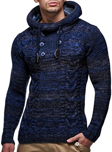 Leif Nelson LN20227, Maglione da uomo con cappuccio, lavorato a maglia, Blu scuro, M