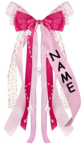 alles-meine.de GmbH große 3-D Schleife - 25 cm breit u. 60 cm lang - rosa & pink - incl. Name/Text - Geschenkschleife/Geschenkband mit edlen Satin Bändern, Tüll & Perlenb..