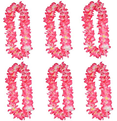 Yansanido Lot de 6 colliers de grande taille épais pour fête de remise de diplôme hawaïen imitation soie à volants pour fête et danse hawaïenne (rose)