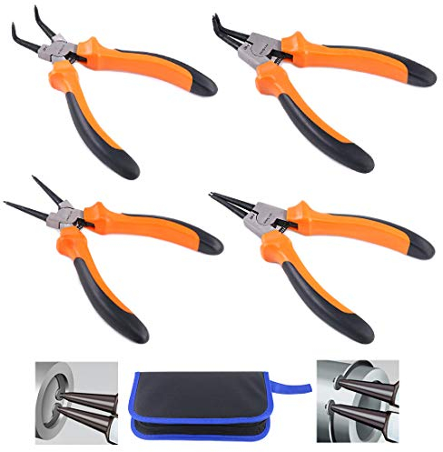 Glarks Juego de 4 pinzas de 7 pulgadas con clip interno/externo, con barra recta/doblada para retención de anillos, con bolsa de piel