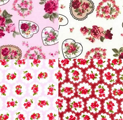 Baumwollstoff, Motiv Herzen und Rosen, 112 cm breit, Rosa/Weiß/Rot, Roses On Pink, Two Metres