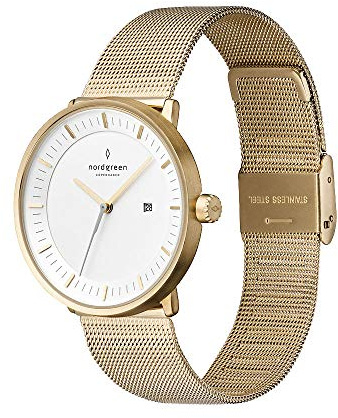 Nordgreen Skandinavische Design Uhr Analog Quarz Gold | Weißes Ziffernblatt | Goldenes, auswechselbares Mesh Armband | Modell: Philosopher