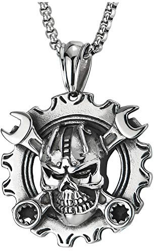 COOLSTEELANDBEYOND Herren Vintage Mechaniker Schlüssel Zahnrad Rad des Lebens Schädel Anhänger Edelstahl-Halskette, Gotische Biker