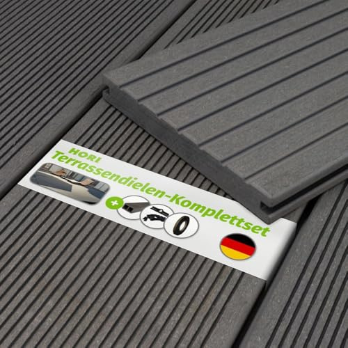 HORI WPC Terrassendielen Grau Massivdiele, Komplettset inkl. 40x60 mm Unterkonstruktion & Clips, Rutschfest & UV-beständig für langlebige WPC-Terrasse Fläche: 10 m² - 4,00 m Dielenlänge