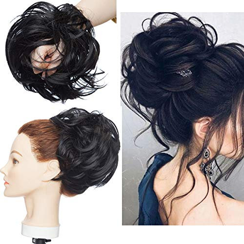 Tousled Updo Messy Bun Haarteil Haargummis Haarverlängerung Pferdeschwanz mit elastischen Haarteil Hair Extensions für Frauen Dunkelschwarz