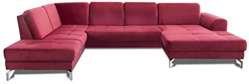 CAVADORE Wohnlandschaft Benda / Große Sofagarnitur mit XL-Longchair rechts & Federkern / Inkl. Sitztiefenverstellung / 332 x 87 x 226 / Samt: Rot