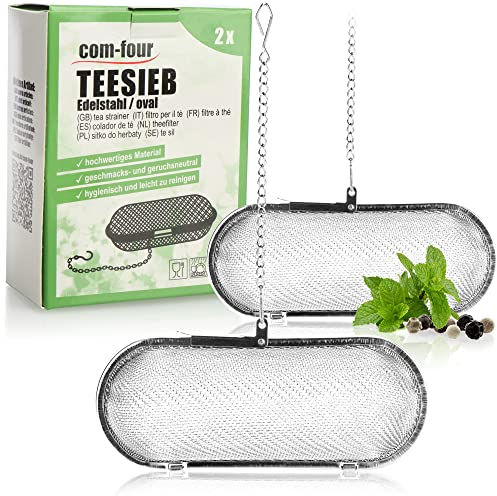 COM-FOUR® 2x passoire à thé en acier inoxydable 304, va au lave-vaisselle - œuf à thé de 11 cm pour thé en vrac, épices et herbes - filtre à thé à mailles fines avec chaîne - passoire à herbes