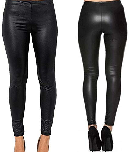 BODYWEAR LTD Women’s Black Wet Look PVC Leggings, High Rise, Elasticated Waist, Sexy Shiny Faux Leather Look, Comfortable Pull-On Style, Fashionable Stretchy Tights (Black, M-L)