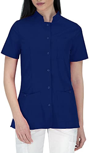 B-well Lisa Kasack mit Knopfen Schlupfkasack Damen Schlupfjacke Kurzarm 3 Taschen und verdeckter Befestigung mit Druckknöpfen (40, Blau)