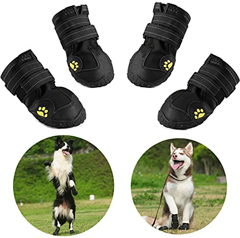 Hundeschuhe, 4 Stück wasserdichte Hundestiefel Pfotenschutz, mit reflektierenden Riemen, robuste rutschfeste Sohle (6#, Schwarz)