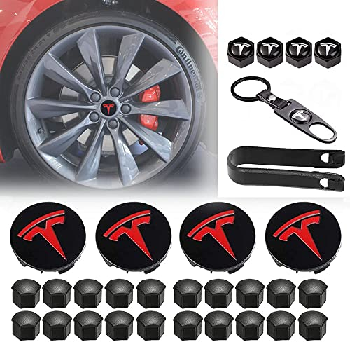 Aero Wheel Cap Kit,Wheel Lug Nut Covers Model 3 Wheel Cap kit with Tesla Logo Hub Center Cover Nut Cover Caps For Tesla Model 3 Model Y (Red 30Pcs)