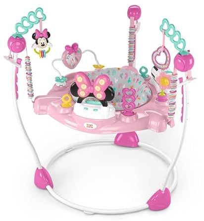 Bright Starts, Disney Baby, Saltador y Centro de Actividades Minnie Mouse Forever Besties, 10 juguetes de actividad, andador con música y luces, gira 360°, ajustable, rosa, a partir de 6 meses