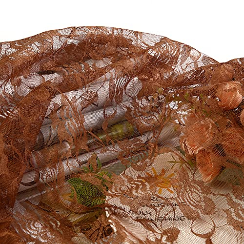 1 Yards 160cm Breit Bunte Rose Blumen Muster Spitzen Tüll Stoff,Halb Transparent Modestoff und Dekostoff zum Nähen Meterware,für Bekleidung Unterwäsche Tutu Rock Hochzeitskleid Tischdeko,Braun