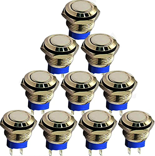 RUNCCI-YUN 10 Stücke 3V/12V/24V/36/48/110V/220V 16mm Momentan Metall Druckschalter Drucktaster Edelstahl Taste Hupenknopf Türklingel für Pkw, Lkw, Schiffen, Zündsystemen, Türklingeln(Flachkopf)