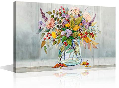 TISHIRON Canvas Wall Art for Living Room Bathroom Bedroom Vase Flowers Painting Canvas Prints Artwork Wall Decor Wrapped Stretched and Framed Wall Art Ready to Hang 24x36inch (60x90cm)