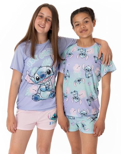 Disney Lilo and Stitch Girls 2er Pack Pyjama | Kinder Pink Lila Just Chill animierte Alien T-Shirts Shorts Set Film Nachtwäsche Merchandise