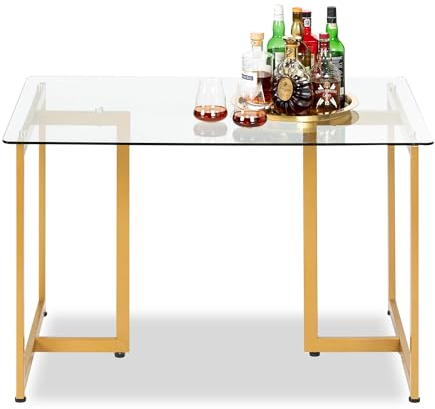 FurnitureR Mesa de comedor rectangular moderna de 55 pulgadas con amplia mesa de vidrio templado y base dorada, elegante para el hogar, cocina, restaurante, dorado