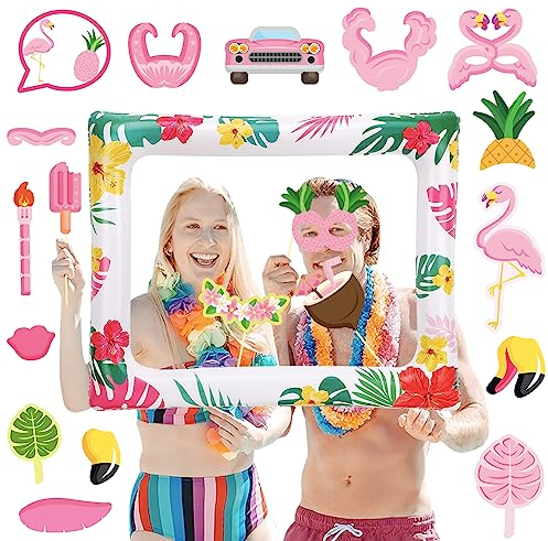 POPOYU 21 Stück Sommer Hawaii Aloha Fotobox Accessoires,Fotobox Requisiten Hawaii,Sommerfest Fotorequisiten,Aloha Party Selfie Rahmen Aufblasbarer Fotorahmen für Sommer Party Zubehör Deko