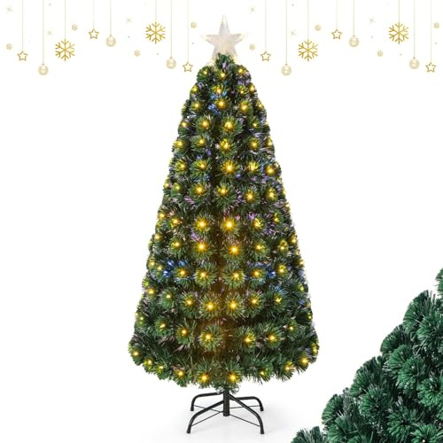 DREAMADE Sapin de Noël Artificiel 150CM,Arbre de Noël Artificiel avec 170 Lumières LED,170 Branches PVC,Décoration Pré-illuminée Noël avec 8 Modes Eclairage Blanc Chaud