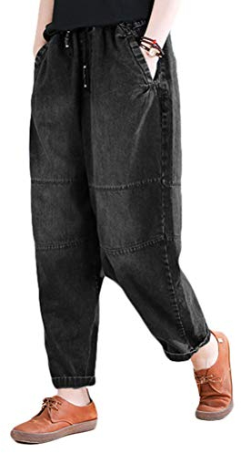 FTCayanz Damen Baggy Jeans Pull On Denim Jogger Elastische Taille Casual Haremshose mit Taschen, Jean Black, M