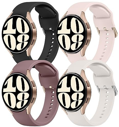 Mugust 4Pack Correas para Samsung Galaxy Watch 6/5/4 40mm 44mm/Watch 5 Pro 45mm/Watch 6 Classic 43mm 47mm/Watch 4 Classic 42mm 46mm Silicona Pulseras Mujer Hombre(Negro/Starlight/Rosa/Humo morado)