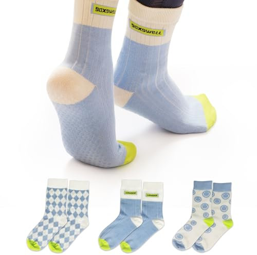 SOXSWELL ] Niedliche lustige Damen-Socken aus Baumwolle, Crew-Socken, athletisch, Yoga, Barre, Pilates, Krankenhaus, Grip, 3 Paar, Blau 1, 6-11