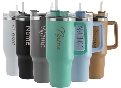 Personalised Engraved Thermal Tumbler, 40oz/1135ml Insulated Travel Cup, Large Teal Travel Coffee Mug, Customise with Any Name and Font, Stainless Steel, Straw and Handle