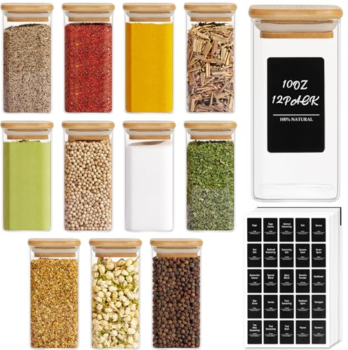 ComSaf 12Pcs Glass Spice Jars with Bamboo Lid, 10oz/300ml Airtight Square Containers with 275 Black Lables, Empty Seasoning Jars for Spice Salt Sugar
