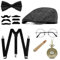 CHENKEE 1920s Herren Accessoires Set, 7 Teiliges Karneval Kostüme Herren Inklusive Panama Gangster Hut Verstellbar Elastisch Hosenträger Herren Halsschleife Fliege Taschenuhr