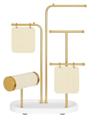 SONGMICS Jewelry Stand, Jewelry Organizer, Jewelry Display Holder with Metal Frame, 2 Earring Boards, 4 Hanging Rods, Necklace Earring Bracelet Holder, for Watches, Metallic Gold UJJS025A01