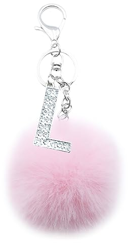 Xsclpomddy Pom Pom rosa. Schlüsselbund künstliche weiche Kaninchenhaar Taschenanhänger Ball Schlüsselanhänger mit Buchstabe A-Z für Handtasche Dekoration,pink L
