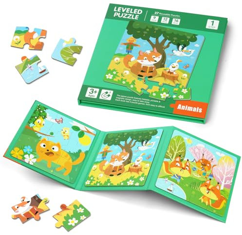 Aolso Magnetic Puzzles for Kids Ages 3-5, 3-in-1 Jigsaw Puzzles, Animal Jigsaw Puzzles Book for Toddlers, Travel Games and Travel Toys, Learning Magnet Gift for Road Trip (Fox)
