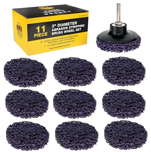 Dura-Gold Lot de 11 brosses à décaper abrasives de 7,6 cm de diamètre – 10 disques à changement rapide avec connexion à verrouillage par rouleau, tampon de support pour perceuse de 6,35 mm