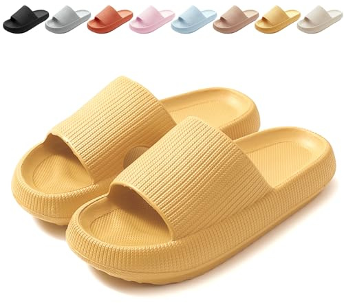 BHFRGAS Sliders Cloud Slippers Women Men,Non-Slip Mens Womens Slippers Cloud Sliders,Soft Flip Flops with Thick Sole for Shower Bathroom Pool Beach,Yellow, 8-9 UK