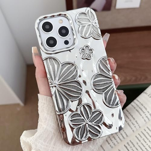 RALEAVO for iPhone 13 Pro Max Case, Girls&Women Cute 3D Flower Luxury Plating Glitter Aesthetic Case Cover, Soft Silicone Shockproof Protective Case for iPhone 13 Pro Max-Silver