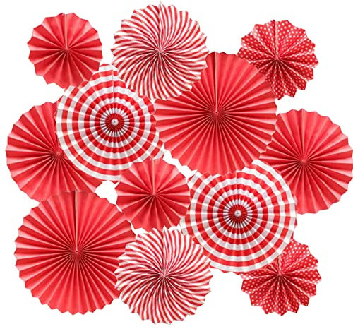 Hanging Paper Fans Decorations - 12 Pcs for Birthday Party, Graduations, Wedding, Summer Outdoor Party Decor (Red)