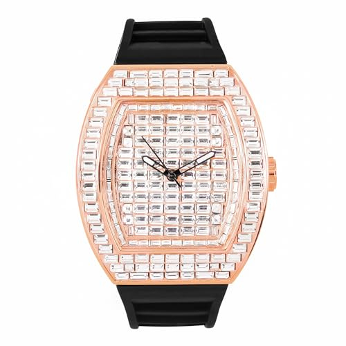 Techno Pave Iced Out Herrenuhr in Tonneau-Form, 41 mm, Silikonband, Roségold, mens-standard