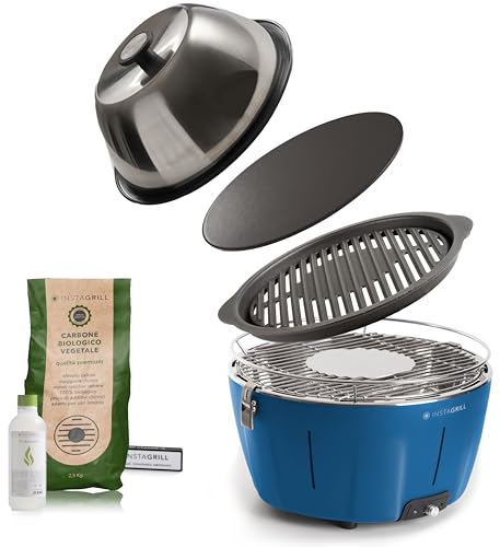 InstaGrill | Barbecue a Carbonella con Griglia in Ghisa, Coperchio cottura forno e Piastra. Da Balcone, Portatile. Include Batteria Ricaricabile, Carbone e Gel per accensione. MASTER GRILLER Blu