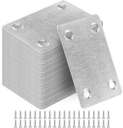 Abaigeal 40 PCS Flat Brackets for Wood, 38 x 60MM Flat Joining Plates, Stainless Steel Mending Plates Straight Brace Brackets Metal Support Joining Plates Furniture Repair Plate Fixing with Holes