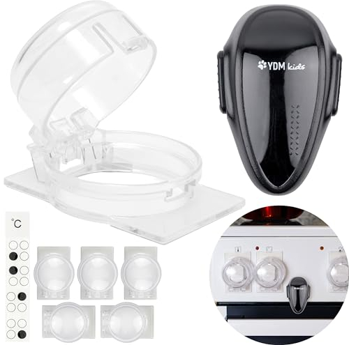 Herd Kindersicherung Set, 6 Pack Knopfabdeckung, 1 Pack Backofentür Kindersicherung in Schwarz, für max. Ø 4,9 cm und 4 cm hohe Herdknöpfe mit min. 6,1 cm Abstand Mitte-Mitte, Herdschutz Tür Knopf