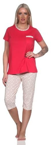 Normann Damen Kurzarm Schlafanzug mit Capri-Pyjamahose in Tupfen Punkte Optik