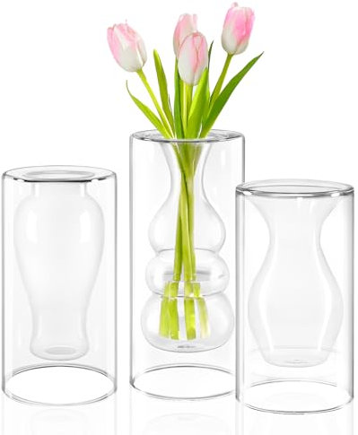 ZENS Unique Clear Small Flower Vase Set of 3, Modern Floating Decorative Vase, Double Hollow Cool Glass Vases, Hand Blown Bud Vase for Home Small Bouquet, Wedding Centerpieces