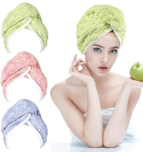 PHOGARY Asciugamano Capelli Turbante Asciugacapelli, 3 Asciugamano Microfibra Capelli Turbante Capelli con Bottone, Asciugamani in Microfibra Ultra Spessi, Asciugamano Capelli Ricci per Donne
