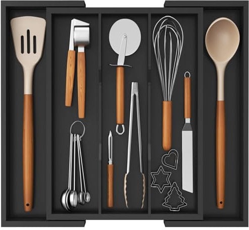 Lifewit Besteckkasten für Schubladen, Bambus Besteckeinsätze für die Küche, Erweiterbares Küchenzubehör bis zu 57 cm Breite, Besteckeinsatz für Schubladen Holz, Schubladen Organizer Küche, Schwarz