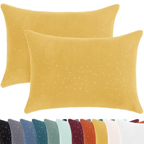 Selfitex 2er Set buntes Dekokissen inkl. Füllkissen, 40 x 30 cm, edler Kissenbezug aus 100% Baumwolle, Innen- und Außenbezug mit Reißverschluss, weiche und Bequeme Sofakissen (Gelb)