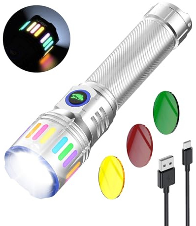Smiling Shark Flashlight Torch, M1 Torches LED Super Bright Rechargeable with 4 Modes & Zoomable【3 Color Lenses】 Powerful Mini Torch Battery for Camping/Hiking/Home/Emergency, Silver