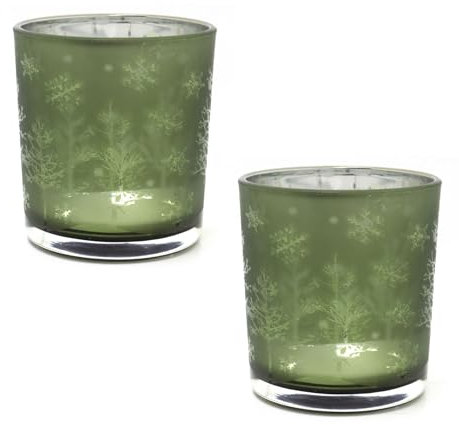 Carousel Home Pack of 2 Frosted Tree Green Glass Christmas Tealight Holders | Silhouette Frosted Glass Christmas Candle Holders | Xmas Tea light Votive Pots Candle Gifts - 8cm