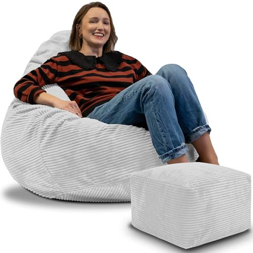 DreamRoots Sitzsack Erwachsene Cord oder Kinder - Bean Bag Sofa - Sitzsack Cord mit Hocker und Bezug - Sitzsäcke mit Füllung 90x90x100 cm Storm Gray